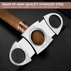 GALAMAX Cigar Cutter, Silver Grain Damascus Stainless Steels Cigar Cutter Scissors with Pouch, Double-Edged Cuban Cigars Cutter Suitable for Most Size of Cigars, Cigar Accessories