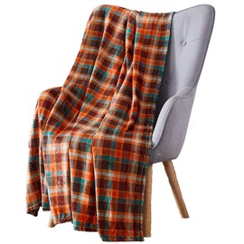 Serafina Home Fleece Throw Blanket: Velvelty Soft, Durable Plush Accent for Bed or Couch (Orange Plaid, 50 x 70 inches)
