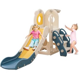 Freestanding Toddler Slide, 5 in 1 Kids Indoor Playset for Toddlers 1-3，L Shaped Slide with Basketball Hoop，Baby Climber for Indoor Outdoor for Boys and Girls Birthday, Sturdy Playground Toy