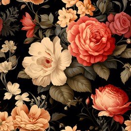 Cismmy Floral Peel and Stick Wallpaper,Removable Contact Paper for Walls, Black Background with Embossed Ink Chrysanthemums,European Retro Style,Beige Pink Red Flowers,DIY Decal 17.5x118 Inches