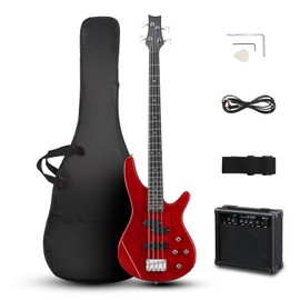 Ktaxon Electric Bass Guitar 4 String Bass Guitar with 20 Watt Amplifier, PJ Type Pickup, Naturally air-dried Maple Neck, Rosewood Fretboard, Basswood Body(Red)