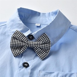 JiAmy Boys Gentleman Outfits 2PCS, Gentleman Shirts with Bowtie + Detachable Suspenders Short Pants Infant Clothing Set for Toddler 4-5 Years, Blue