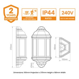 National Lighting HALBURY LED Outdoor 7W Outdoor Garden LED Black Half Wall Lantern PIR Motion Sensor Presence Detector IP44 Rated