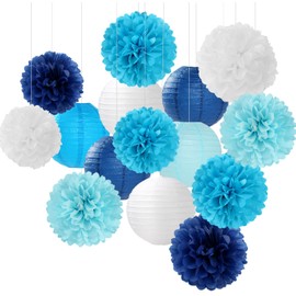 Blue-White Birthday Party-Decorations Paper-Flowers Lanterns - 15PCS Light Royal Tissue Pom Poms Streamers,Classroom Ocean Themed Baby Bridal Shower Bachelorette Wedding Hanging Supplies Decor Hugfond
