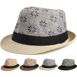 Initlove Straw Fedora Hat for Men Women Summer Short Brimmed Trilby Hats Snowflake Beige