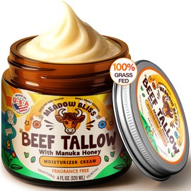 Meadow Bliss Beef Tallow for Skin - Moisturizer Cream - 100% Grass Fed - Whipped Beef Tallow - Manuka Honey - Organic Jojoba Oil, Shea Butter - Supports Eczema, Rosacea - USA - Fragrence Free - 4 oz