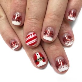Christmas Press on Nails Short Square Fake Nails with Red Glitter Designs White French Tip Acrylic Nails Glossy Glue on Nails Nude False Nails Artificial Stick on Nails for Women 24Pcs