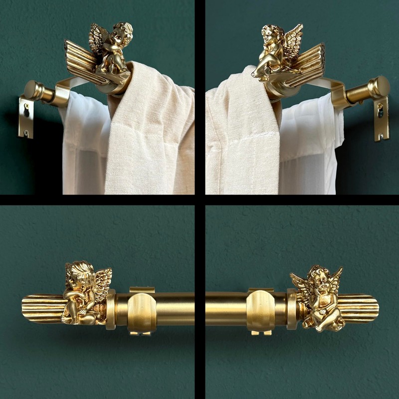 ILAISIHOME 1-1/8 Inch Diameter Brushed Gold Curtain Rods with Cherub