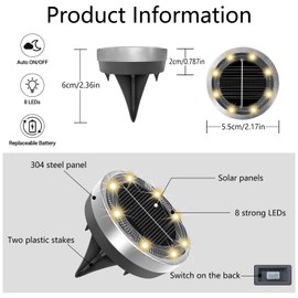 Solar Floor Lights Outdoor, Pack of 16, 8 LEDs, Solar Lights for Outdoors, Solar Lights for Outdoors, Waterproof, Stainless Steel, Suitable for Garden, Lawn, Walkway, Patio, Warm White