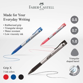 Faber-Castell Grip X Ergonomic Ballpoint Pen Pack of 3 (0.5mm Black, Blue) Triangular Barrel, Fatigue Free Writing, Super Smooth