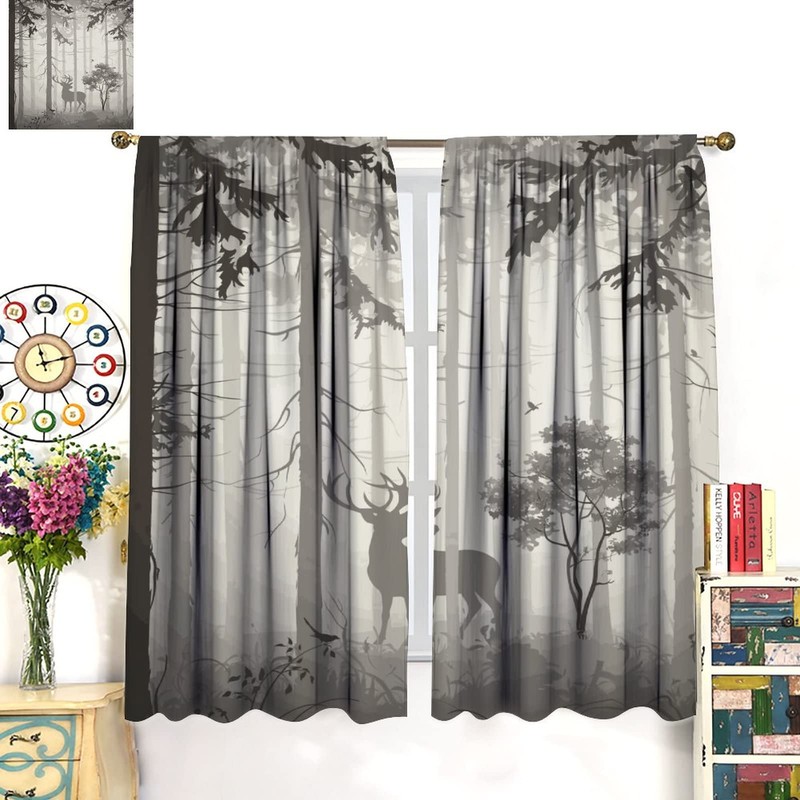 Deer Blackout Curtain,Grey Misty Forest Rustic Wildlife Moose Mountain Elk