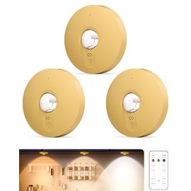 Aokpsrt Rechargeable Puck Lights With Remote Control, 1500mAh Battery Operated Tap Lights, Dimmer & Timer Under Cabinet, Wireless LED Stick-On for Closet, Bedroom, Kitchen - Gold 3Pcs