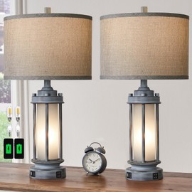 AIEAMPDO Set of 2 Rustic Table Lamps for Living Room, Farmhouse Vintage Nightstand Lamp with 2 USB Ports, Antique Retro Light Green Glass Night Light for Bedroom Entryway, 4 Bulbs Included