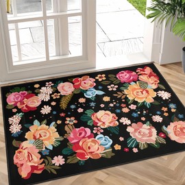 Castage Small Rugs 2x3,Black Floral Rug for Entryway Bathroom Kitchen Entrance Doormat,Boho Vintage Bohemian Distressed Washable Oriental Farmhouse Accent Floor Throw Carpet Non Slip