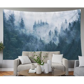 EMMTEEY Forest Wall Hanging Tapestry,Mens Tapestry for Bedroom, Room Tapestry Tapestries Printed 80X60 Inches for Misty Foggy Mountain Landscape with Fir in Hipster Vintage Retro Style
