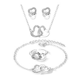 HSAJS Jewellery Set Women's Double Heart Necklace Bracelet Earrings Ring Love Gold Silver Crystal Pendant Jewellery Set of 4 Heart Jewellery Set with Cubic Zirconia Romantic Gift Idea for Girls, Alloy