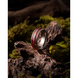 100S JEWELRY Gunmetal Mens Tungsten Carbide Ring Crushed Red Garnet Inlay Wedding Band Dome Edge Polished Finish Size 6-16 (Tungsten, 12)