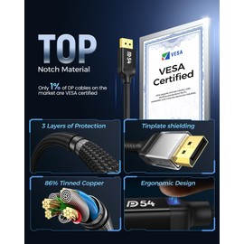Silkland 54Gbps DisplayPort Cable 2.1 [VESA Certified], DP 2.1 Cable [16K@30Hz, 8K@120Hz, 4K@240Hz 165Hz 144Hz] HDR, HDCP DSC 1.2a, Compatible FreeSync G-Sync Gaming Monitor 5090 7900XTX, 6.6FT