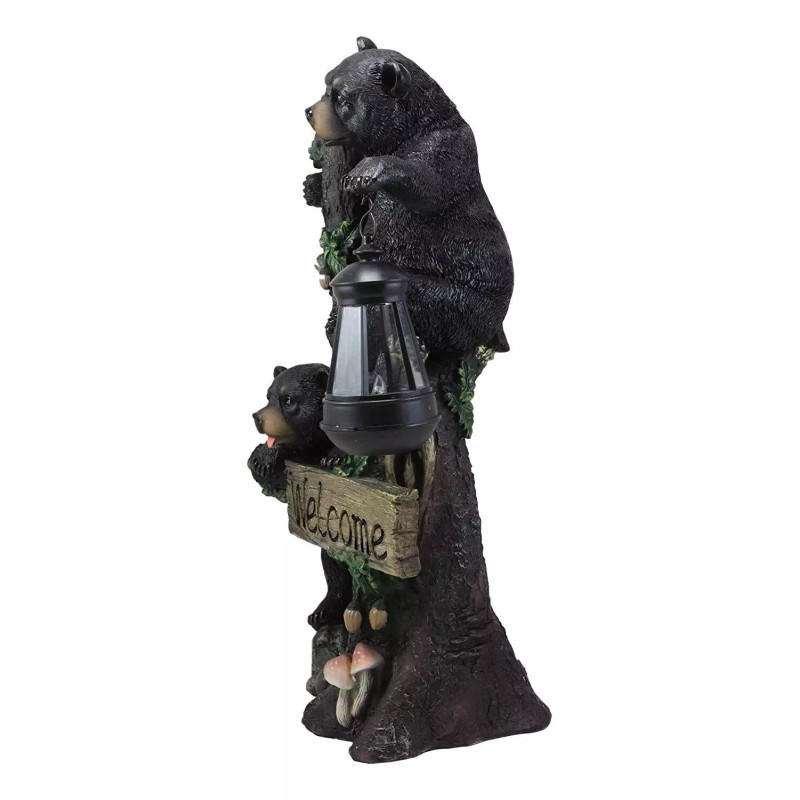 Climbing Black Bear Cubs Garden Light Welcome Statue Figurine Solar
