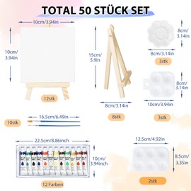 DONQL 50 Pieces Mini Canvas with Easel Set, Adjustable Mini Easel for Painting, with 4 x 4 Inch Mini Canvas, Brush, Painting Palettes and Acrylic Paints for Oil Painting, Children and Artists