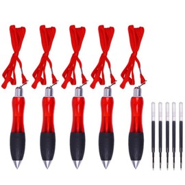 5 Pieces Wide Grip Pens with Lanyard and Refills, Big Fat Weighted Pens Ballpoint Handwriting Pens Black Ink for Weak Hands Arthritis Tremors [Red]