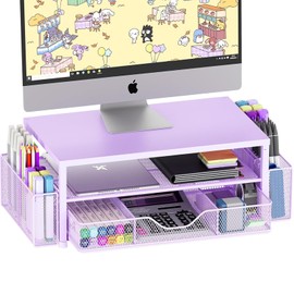OPNICE Desk Organizers and Accessories, 2-Tier Computer Monitor Stand Riser with Drawer and 2 Pen Holders, Laptop Stand, Office Desk Accessories & Office Decor for Women, Purple