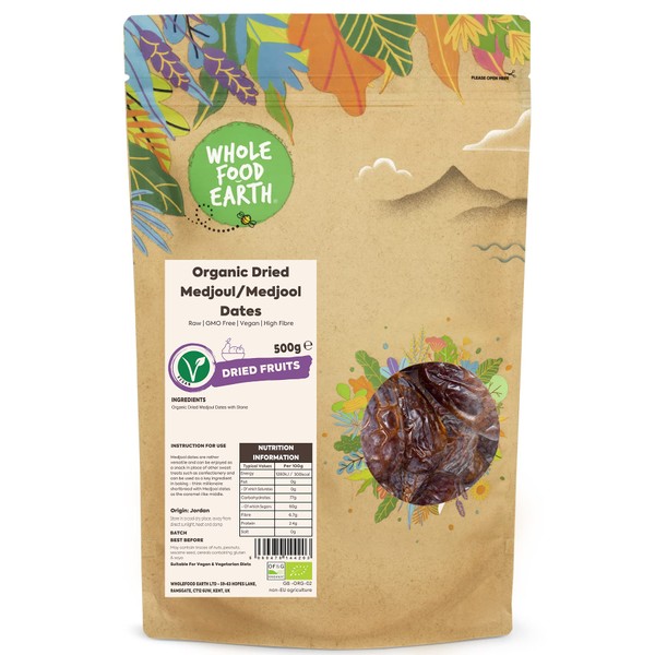 Wholefood Earth Organic Dried Medjoul/Medjool Dates – 500 g | Raw | GMO Free | Vegan | High Fibre | Certified Organic