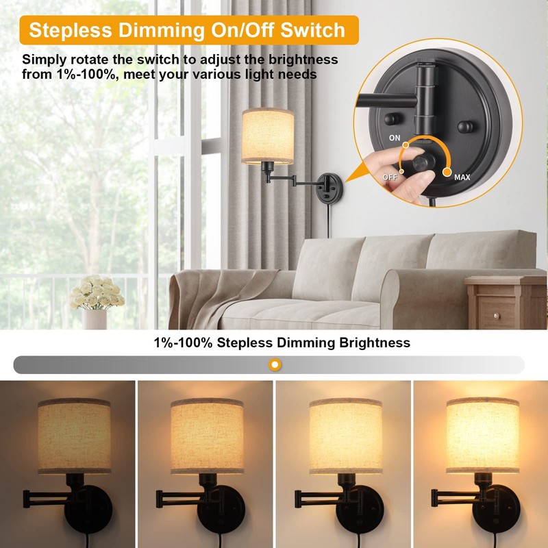GOODATE ENCOMLI Dimmable Plug in Wall Sconces, Swing Arm Wall
