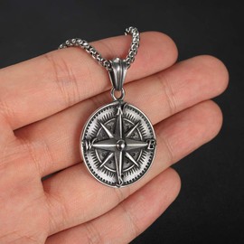 PAURO Men's Stainless Steel Vintage Round Compass Pendant Punk Necklace Silver Black with Chain