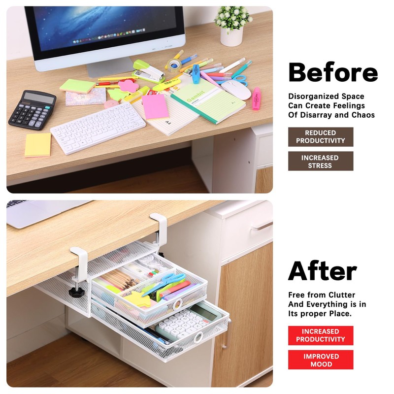 Euyona 2-Tier Clamp-On Mesh Organizer, Under Desk Storage with Slide-Out