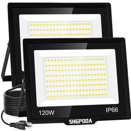 SHGPODA 2 Pack 120W LED Flood Light Outdoor, 14400LM Floodlights with Plug, IP66 Waterproof Outdoor Led Lights, 5000K White LED Work Light Security Lights for Yard, Garden, Stadium, Playground, Lawn