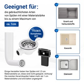 VIOKS Strainer Basket Valve 114 mm with Overflow 25 mm Drain Valve Sink - Eccentric Drain Fitting Sink with Overflow for Sink