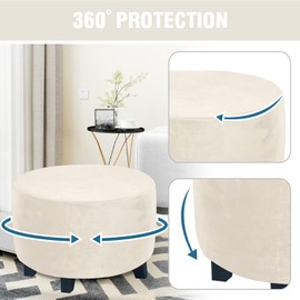 Abeibei Round Ottoman Covers, High Stretchy Ottoman Slipcover Protector for Footrest Foot Stool Furniture Soft Plush Velvet Ottoman Covers with Elastic Bottom (Cream, Medium)