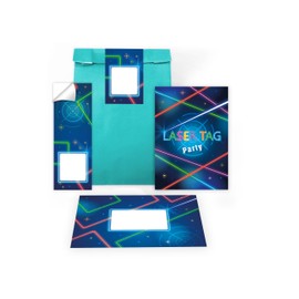 Limonia 8 Invitation Cards for Children's Birthday Laser Tag Laser Gaming Neon Invitation Set Birthday Girls Children Boys Boys Gift Bag with 8 Envelopes, 8 Bags, 8 Stickers