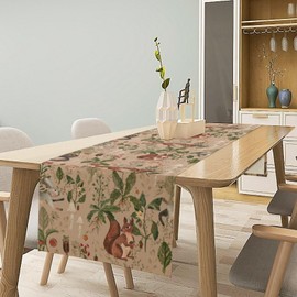 JanJCurt Rustic Woodland Table Runner, Retro Cabin Lodge Fairy Tale Forest Wild Animals Hare Squirrel Print Table Runner for Kitchen Dining Home Decor Wreath Party Decoration, 13x60inch