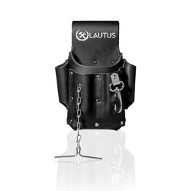LAUTUS Electrician Full Top Grain Leather Tool Pouch; 5 Pocket Pouch with Electrical Tape Chain; Durable Compartments; Washer Rivets; Includes Metal Tool Clip; Black