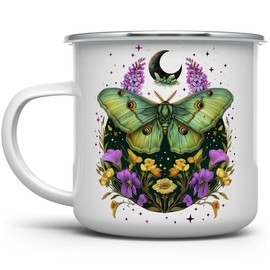 LOFTIPOP Mystic Moth Floral Mug, Celestial Moon Stars Witchy Cottagecore Goblincore Aesthetic Cup - Style: 12oz Enamel Camp Mug