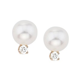 14kK Yellow Gold 6 mm Freshwater Cultured Pearl and Diamond Stud Earrings