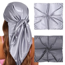 CHLINS 35” Large Head Scarf for Women Satin Head Scarf 2Pcs Square Silk Like Hair Scarf Bandanas Hair Wrapping Neck Scarf (Silver Gray+Dark Gray)