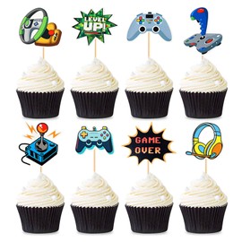 UXYOKM 24Pcs Video Game Cupcake Toppers Game Over Controllers Gamepad Cupcake Picks Decorations for Kids Boys Girls Birthday Gaming Fans Favors Party Decorations Supplies