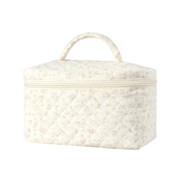 Kimiyaki Cotton Makeup Bag,Large Quilted Cosmetic Bag,Floral Toiletry Bag for Women,Travel Organizer Bag with Zipper(Pink Floral)