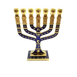 Menorá judía esmaltada azul miniatura 7 ramas
