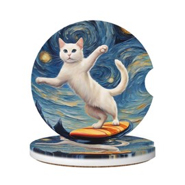 Car Coasters for Cup Holders, 2 Pack Absorbent Ceramic Anti Slip Universal Car Interior Accessories 2.56 Inch Cup Coaster for Women Men - Starry Sky Cats