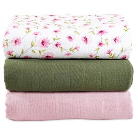 MOZAH Organic Muslin Swaddle Blankets - Pink, Olive and Pink Leaves - 3 Pack - for Baby Boy or Girl - Ideal for Newborns, Toddlers & Registry Essentials