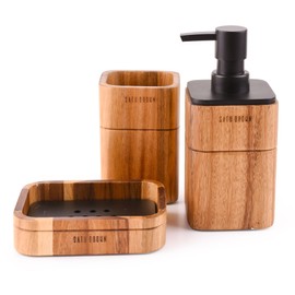 Bathroom Set 3 Piece Acacia Wood Bathroom Accessory Set with Soap Dispenser Bathroom Cup Soap Dish Accessories for Bathroom Decor