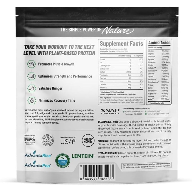 SNAP Supplements Organic Plant Based Vegan Protein Powder Nitric Oxide