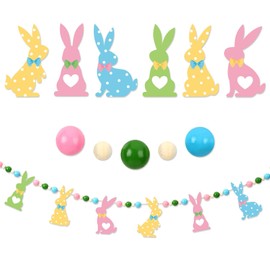 Jansun 9.84 Ft Easter Bunny Banner Garland with 12 Multicolor Felt Rabbits and 65 Wooden Beads, Prestrung Hanging Decor for Fireplace Mantel and Spring Parties