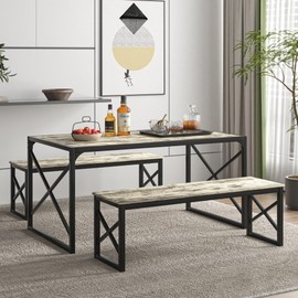 VECELO Kitchen Dining Table Set for 4, 55" Wood Rectangle Dinette with 2 Benches, Heavy-Duty Metal Frame for Small Space, Breakfast Nook, Grey