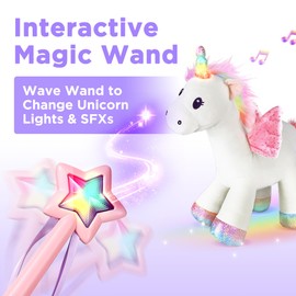 iPlay, iLearn Plush Magic Unicorn Toy W/Remote Control Fairy Magical Wand, Girl Music Unicorn Stuffed Animal W/LED Light Sound, Interactive Birthday Gift 18 24 Month Baby Toddler 2 3 4 5 6 7 Year Kid