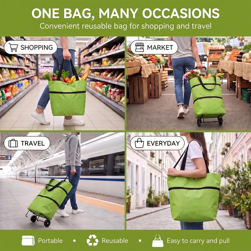 One 2-in-1 Foldable Shopping Bag with Wheels, Collapsible Trolley Cart